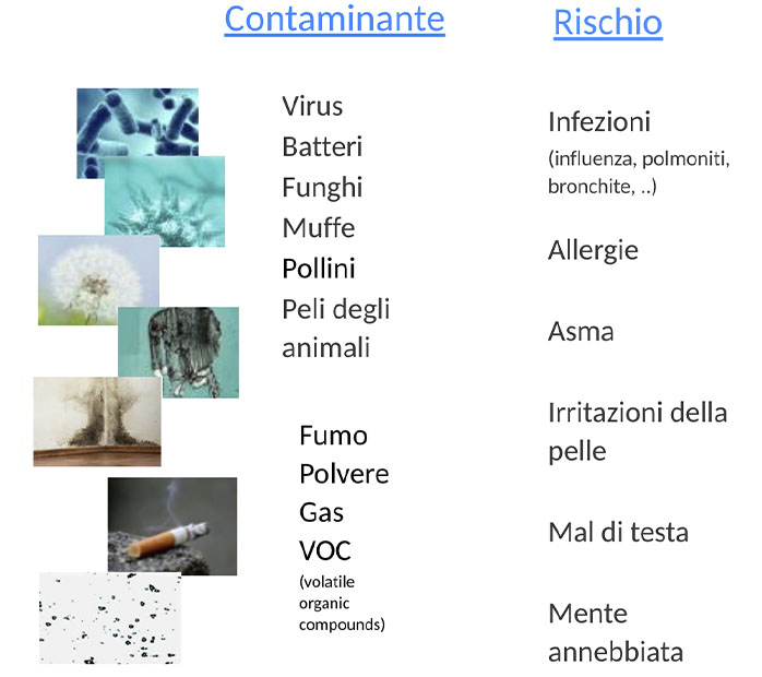 Contaminanti nell'aria: virus, batteri, funghi, muffe, polline, fumo, polvere